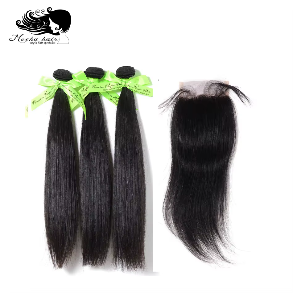 Tissage en lot péruvien naturel vierge avec Lace Closure – MOCHA Hair, cheveux lisses, 10A, 4x4 ou 1
