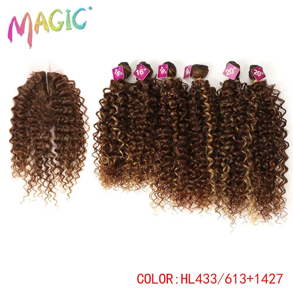 Extensions Capillaires Synthétiques Afro Crépues Bouclées Blondes 16-20 Pouces, 6 Pièces avec Dentel