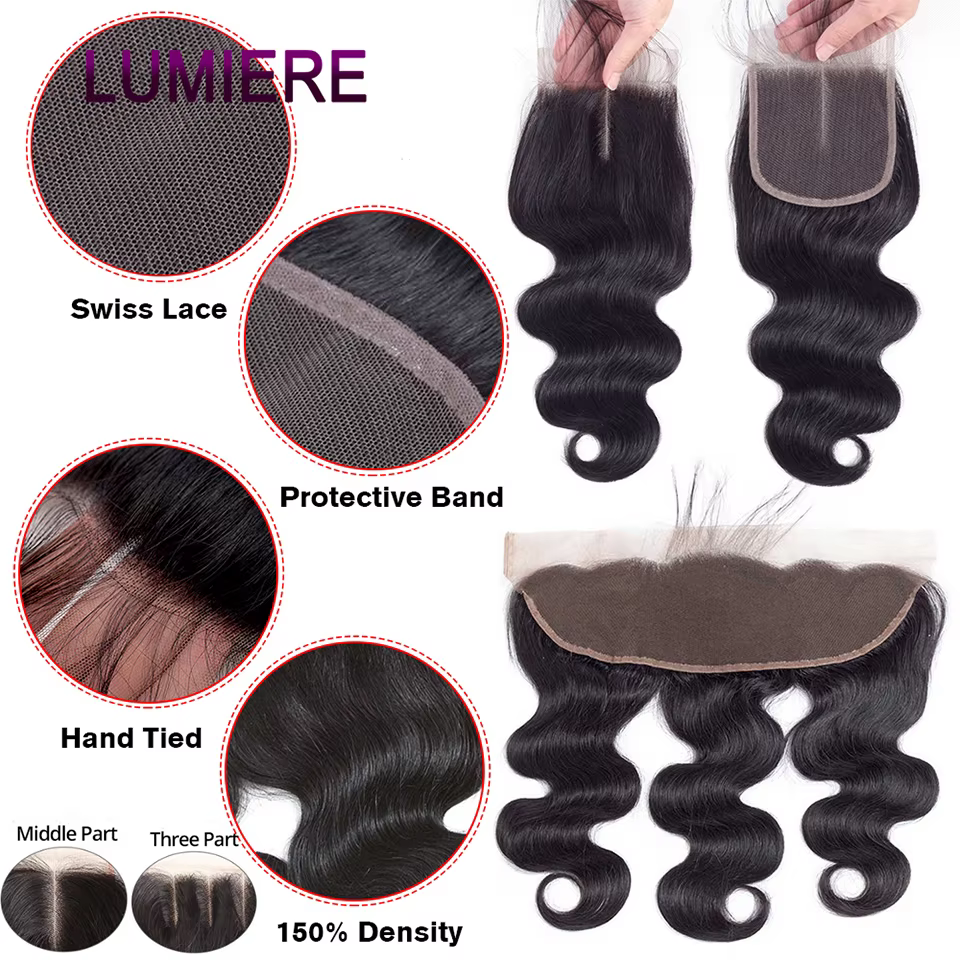 Paquets de vague de corps brut vierge 18A avec fermeture frontale HD fermeture de dentelle transpare