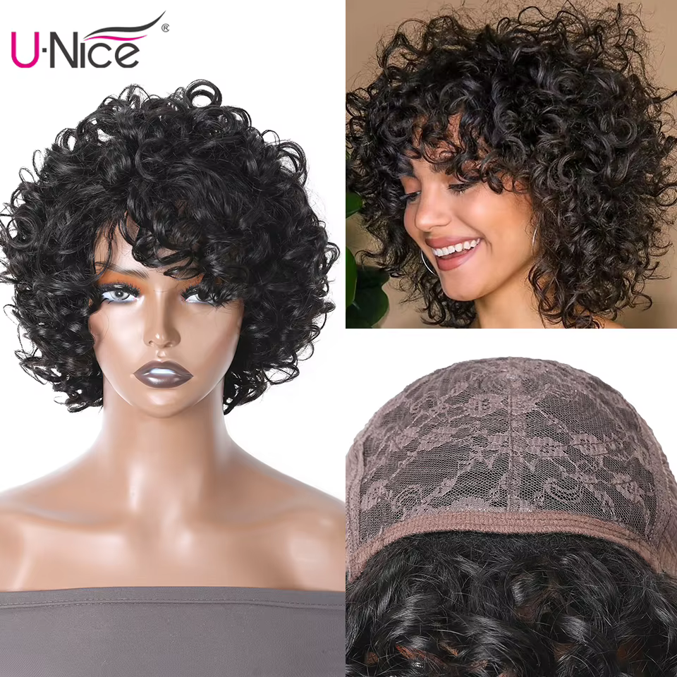 Unice Hair-Perruque brésilienne bouclée sans colle pour femme, cheveux naturels noirs, coupe pixie