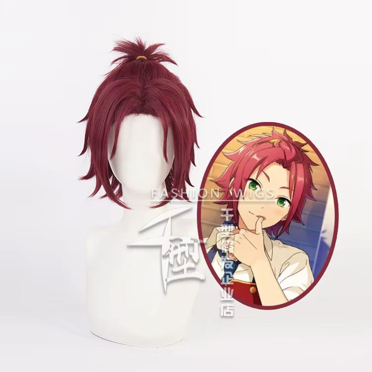 Ensemble Stars Cosplay Isara Mao Perruque, Trickstar Rouge Foncé, Frange Courte au Milieu, Idol Role