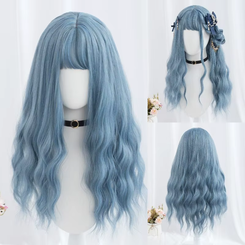 Perruque Synthétique Longue Ondulée avec Frange pour Femme, Violet, Vert, Noir, Bleu, Marron, Cospla
