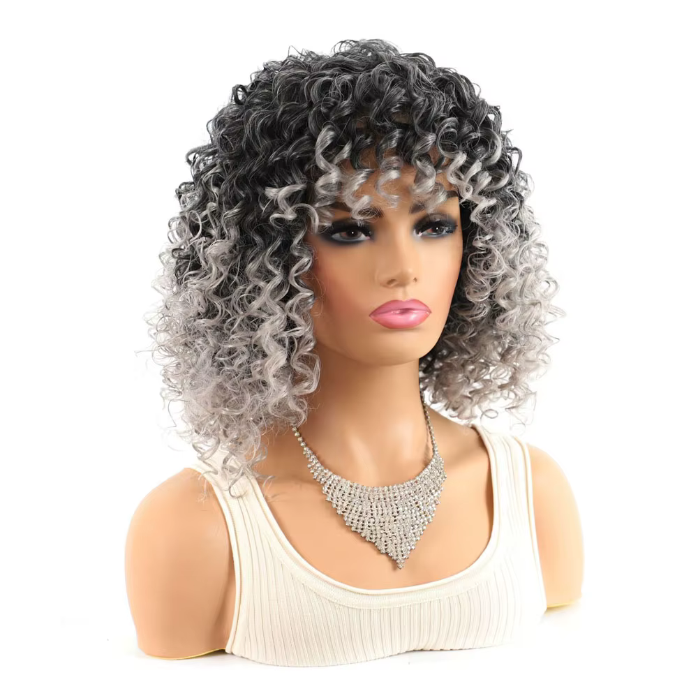 Jeedou perruque de cheveux courts bouclés avec frange perruques pour femmes noir gris mélange couleu