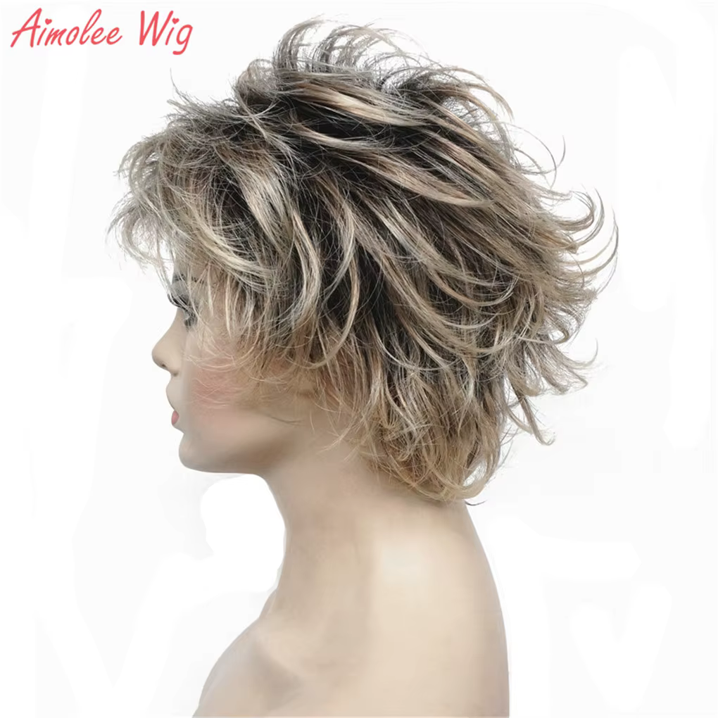 Perruques synthétiques pour femmes, cheveux courts et lisses avec couches, coupe Pixie, blondes et n