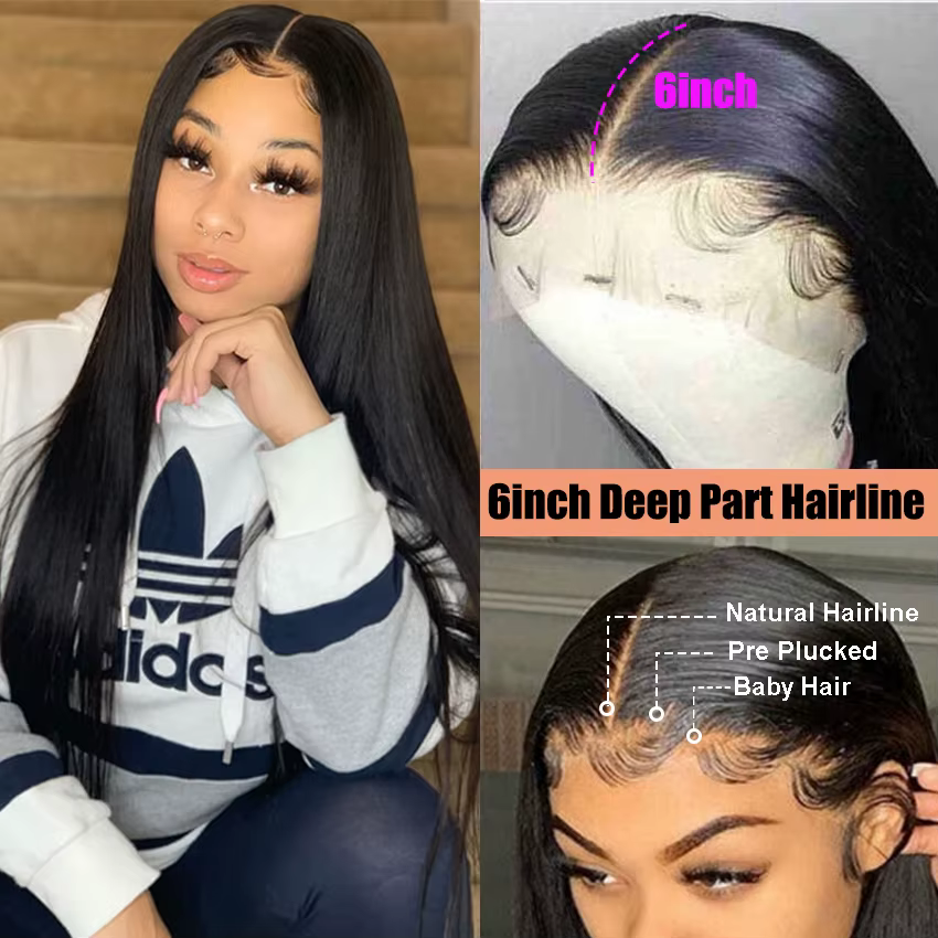 Perruque Lace Front Wig naturelle lisse, cheveux lisses, Transparent HD, 13x6, 13x4, couleur noire n