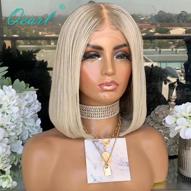 Qearl Hair-Perruque Bob Lace Front Wig sans colle naturelle, cheveux courts et lisses, reflets blanc