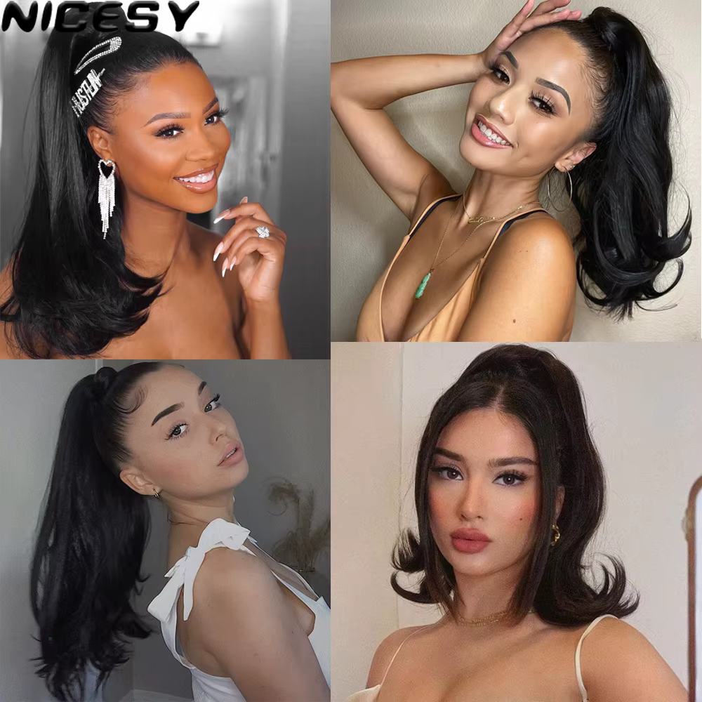 NICESY-Postiche queue de cheval bouclée noire pour femme, extension de cheveux synthétiques, Kinky P