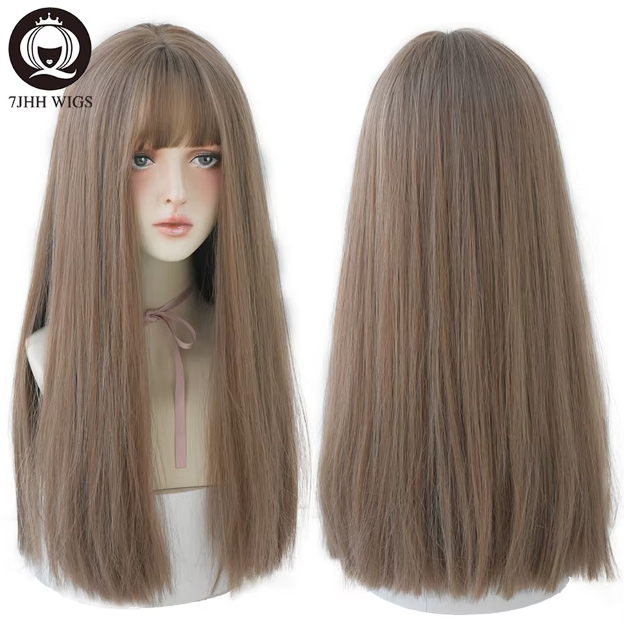 7JHHWIGS – perruques synthétiques longues et lisses marron clair avec frange pour femmes, résistante