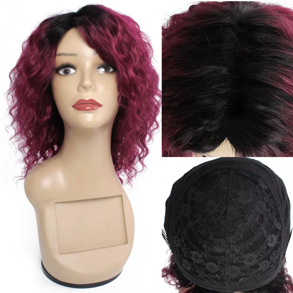 Perruque de cheveux humains bouclés courts bordeaux pour femme, Ombre Honey Blonde, Perruques entièr