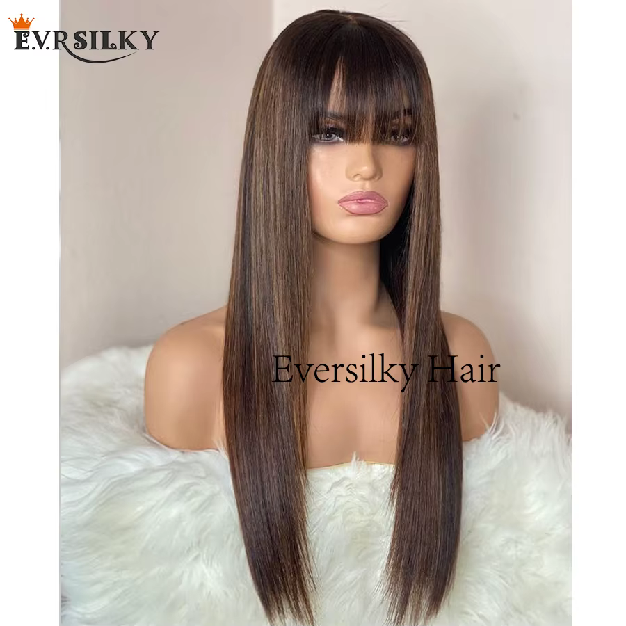 Perruque Lace Front Wig Remy lisse et soyeuse, cheveux naturels, avec frange, pre-plucked, reflets b