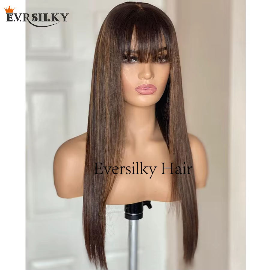 Perruque Lace Front Wig Remy lisse et soyeuse, cheveux naturels, avec frange, pre-plucked, reflets b