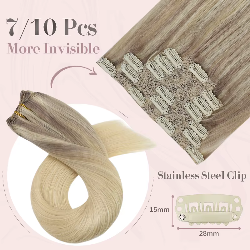 Ueget-Extensions de cheveux à clipser, Balayage argenté, Vrai Huamn, Cheveux naturels Remy, Tête com