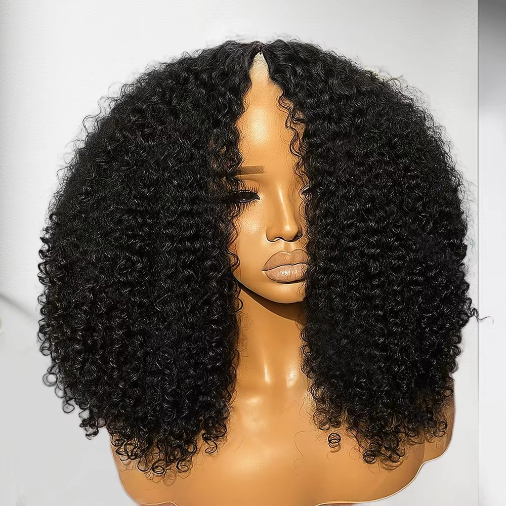 300% crépus bouclés V partie perruques cheveux humains pas de laisser de sortie mise à niveau vague