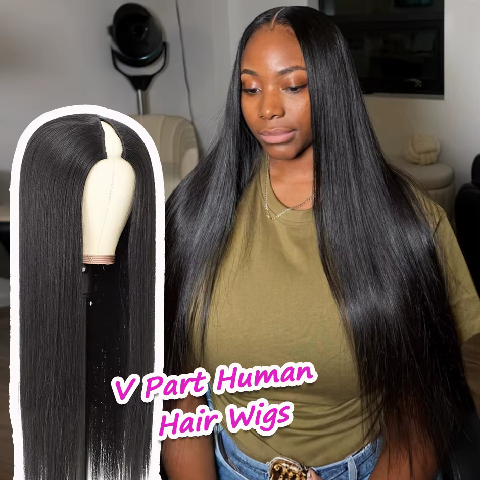Perruques en cheveux humains lisses en forme de V, sans couture, sans colle, densité 220, noir natur