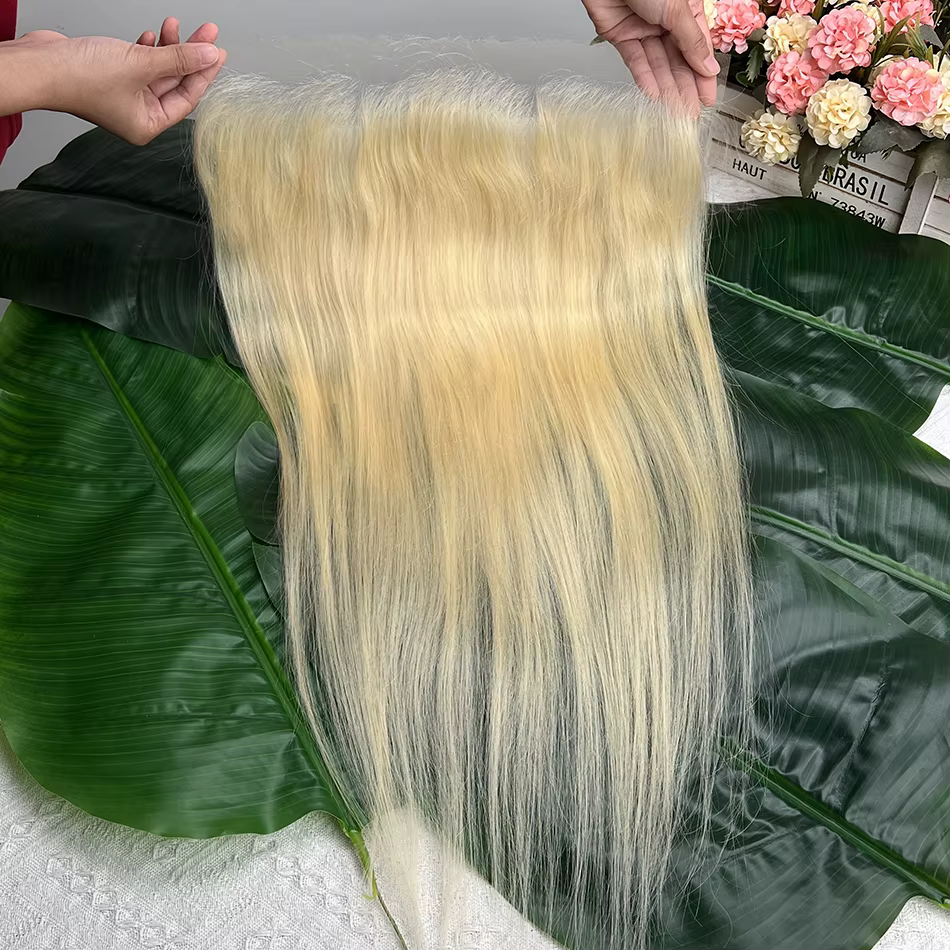 Frontale en dentelle invisible HD 13x6 # 613 cheveux humains droits colorés blonds pré-épilés nœuds 