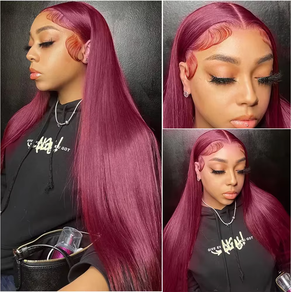 Perruques de cheveux humains lisses bordeaux 99J avec dentelle frontale 13x4 13x6 HD transparente, p
