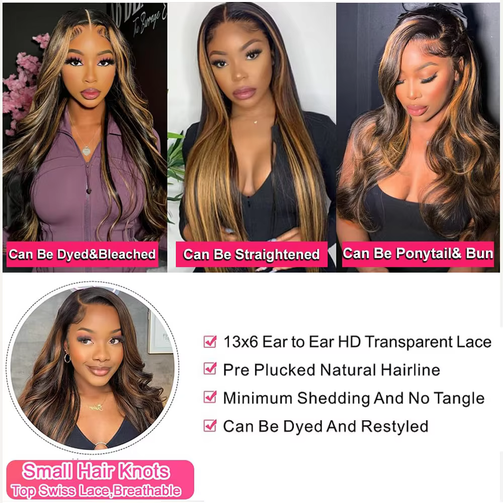 Perruque Lace Front Wig Body Wave Naturelle à Reflets Ombré 1B/30, 13x6, 13x4, Transparente, pour Fe
