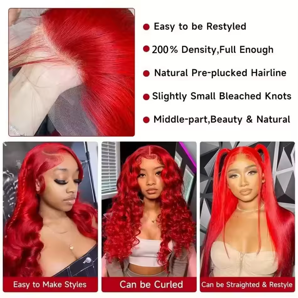 Perruque Lace Frontale 13x6 Rouge Vif Ondulée 30 40 Pouces, Perruques en Cheveux Humains Lace Front 