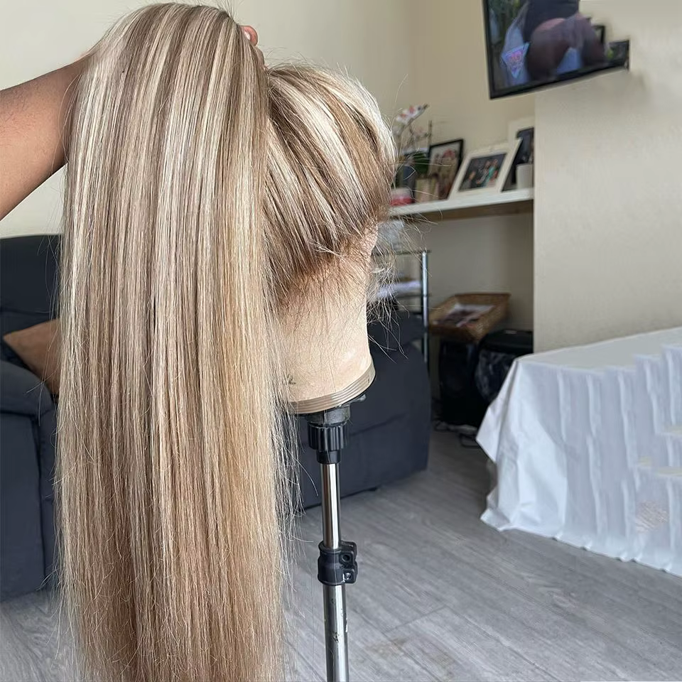 Perruque Lace Front HD 13x4 pour Femme, Ombré Blond Platine avec Racines Foncées, Lisse, Cheveux Hum