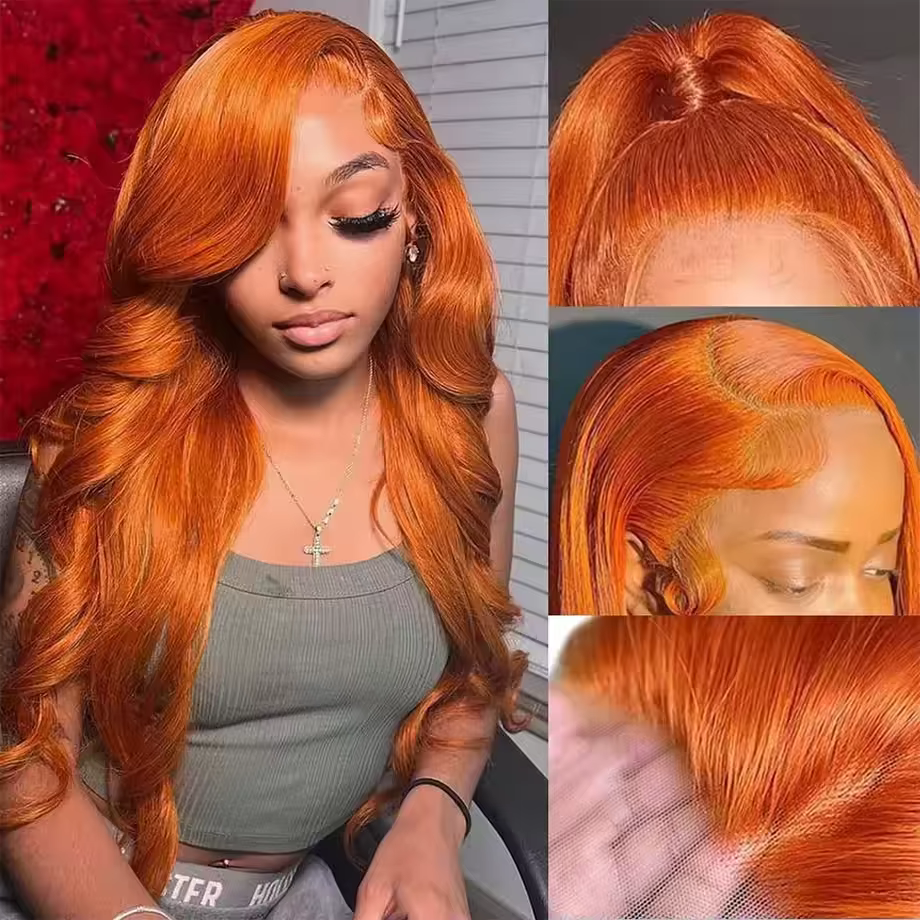 Perruque Lace Front HD 13x6 en Cheveux Humains, Ondulation Body Wave, Couleur Gingembre Orange, Dens