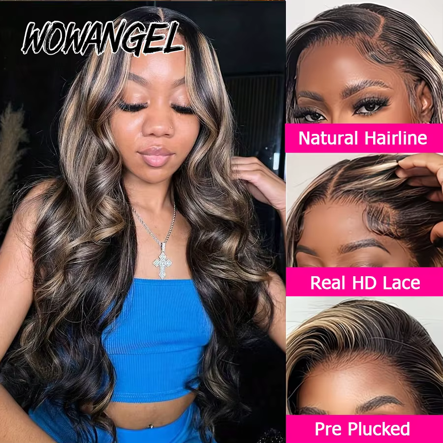 WOWANGEL Perruque Blonde Ondulée 1B/27 avec Mèches, Sans Colle, Fermeture en Dentelle HD 5x5, 100% C