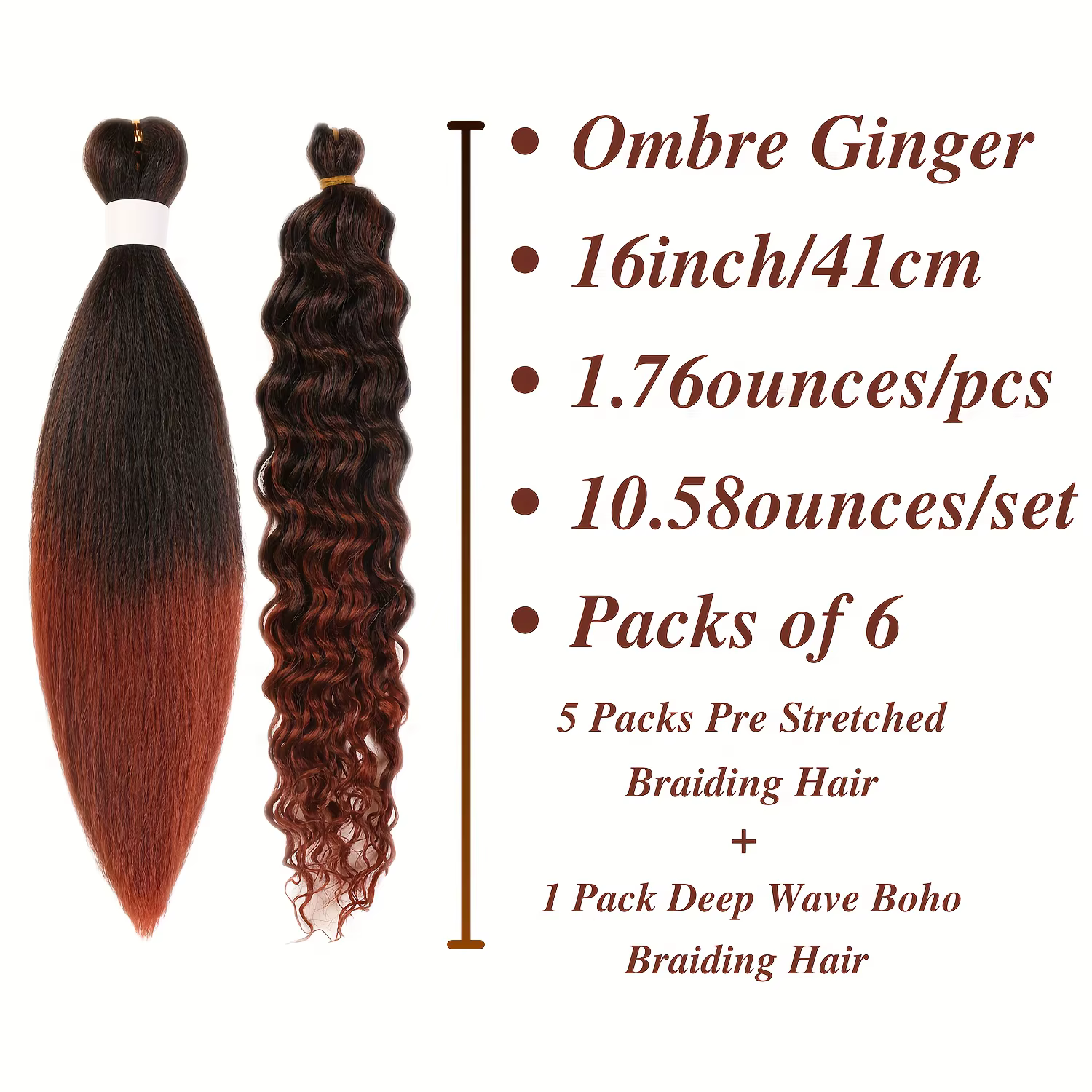 6 tresses Boho 24" |   Marron ombré |   Synthétique pré-étiré |   Longues ondulées, brillantes |   V