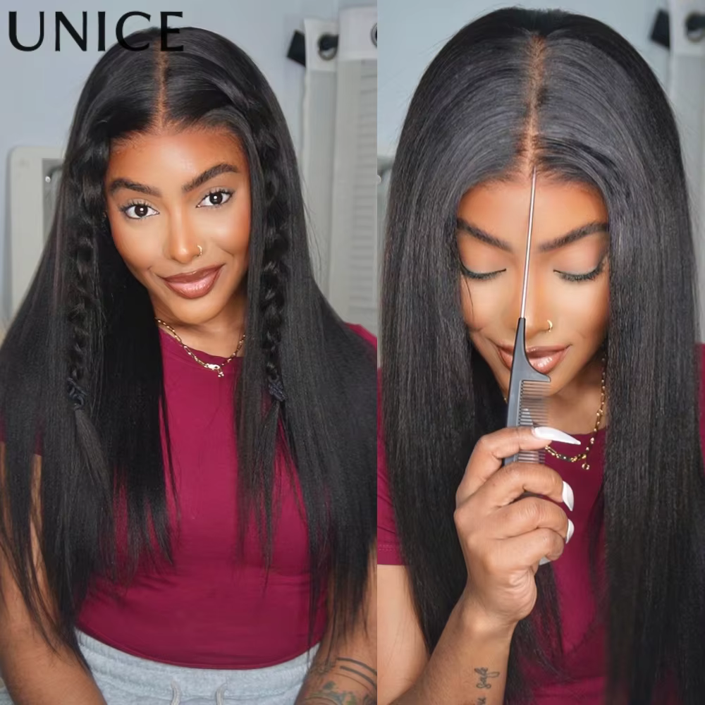 Perruque lisse Yaki UNice 7x5 Lace Bye Bye Slip ™   Perruque sans colle en cheveux humains prête à p