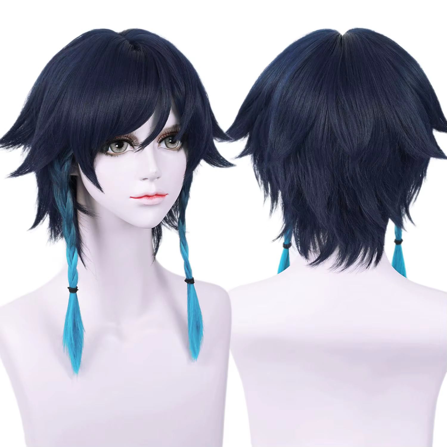 Jeu Genshin Impact perruques bleu marine pour Venti Cosplay Costume 2 tons Anime perruques de cheveu