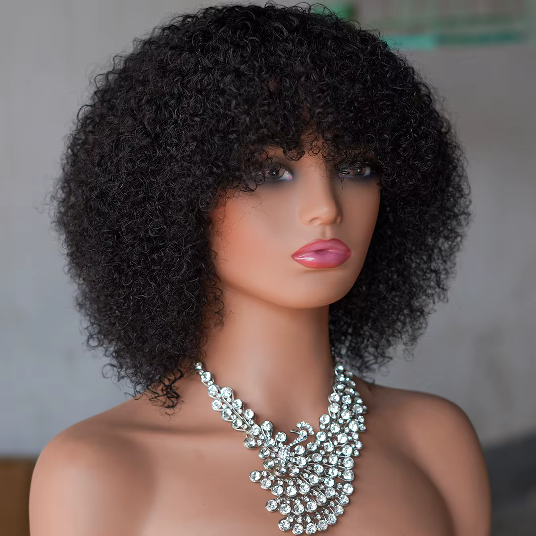 Perruque de cheveux humains crépus bouclés afro mongols avec frange faite à la machine 250% perruque