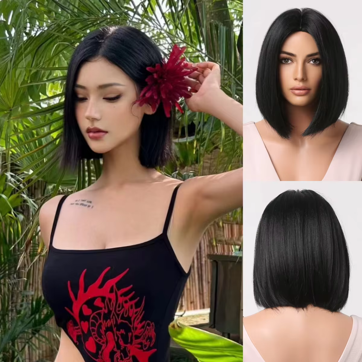 Perruque synthétique de coiffure bob noire avec raie centrale, perruque de cosplay pour fête d'hallo