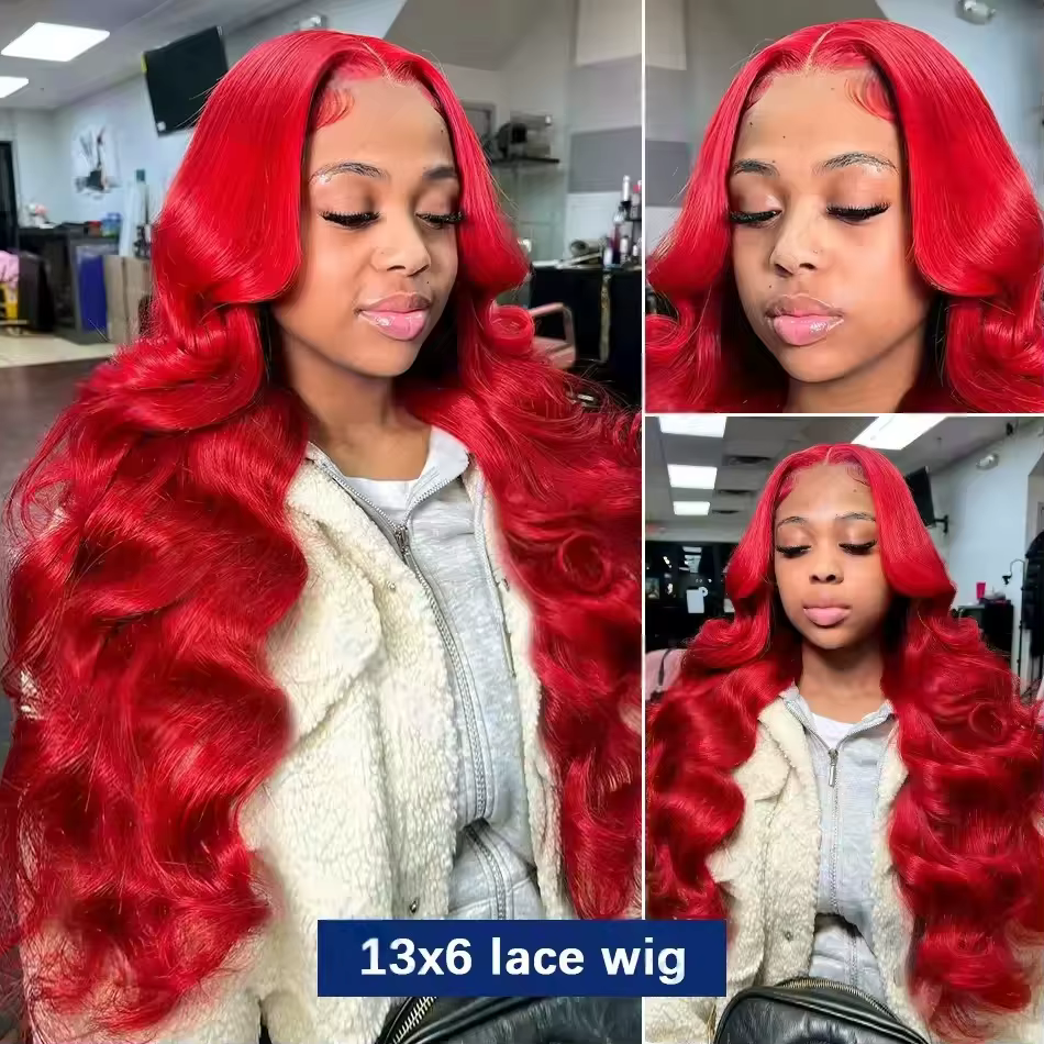 Perruque Lace Frontale 13x6 Rouge Vif Ondulée 30 40 Pouces, Perruques en Cheveux Humains Lace Front 