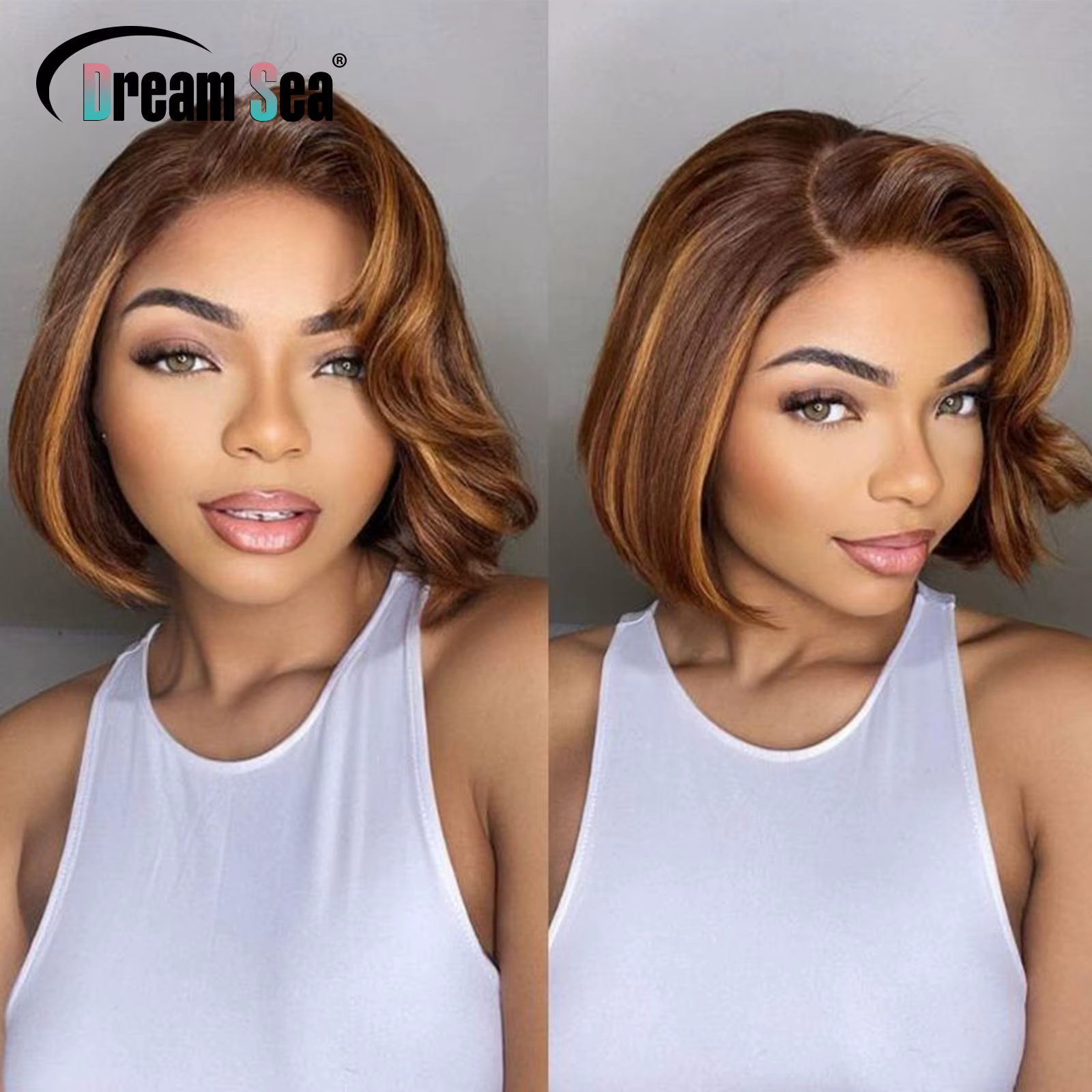 Perruque Bob Lace Frontal Wig brésilienne Remy, cheveux courts à reflets blonds, densité 200, partie