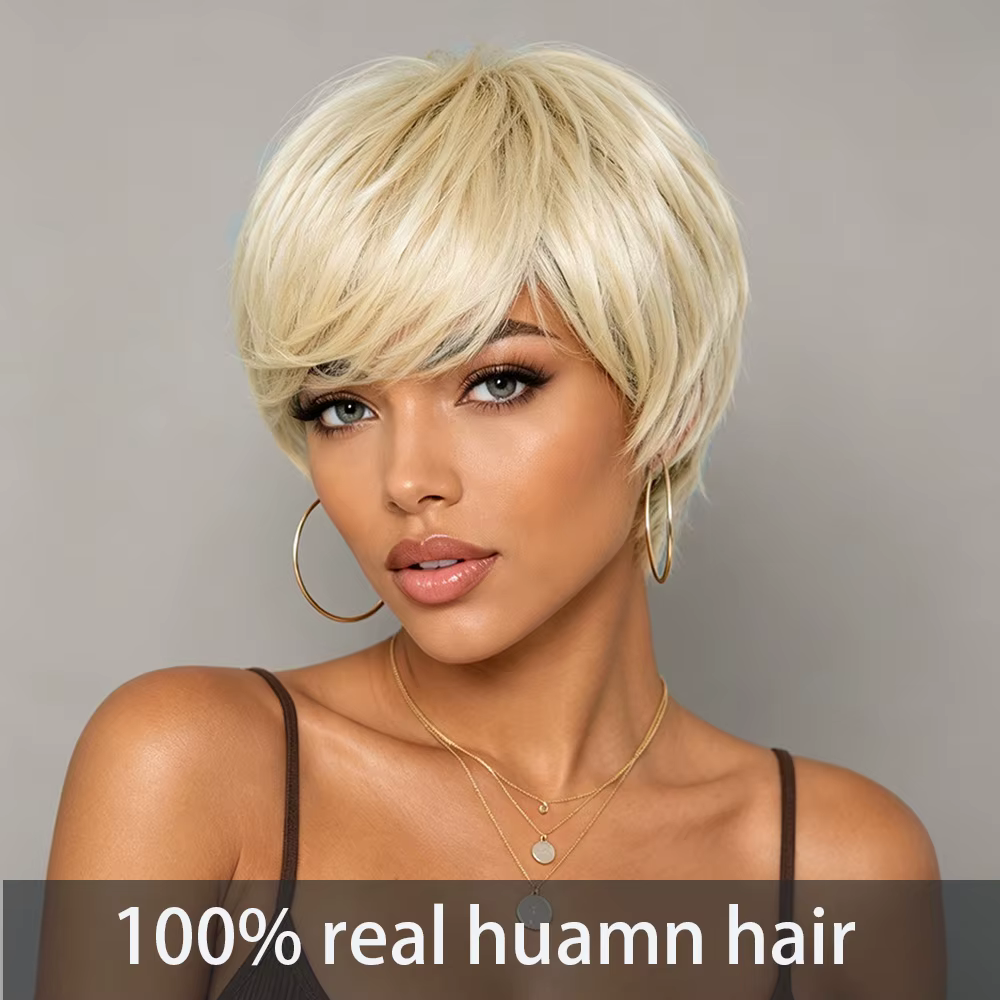 Perruques blondes en cheveux humains coupés style pixie pour femmes, perruques courtes et lisses en 