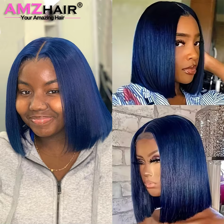 Perruque Bob Lace Front Wig naturelle, cheveux courts, bleu marine, 13x4, naissance des cheveux natu