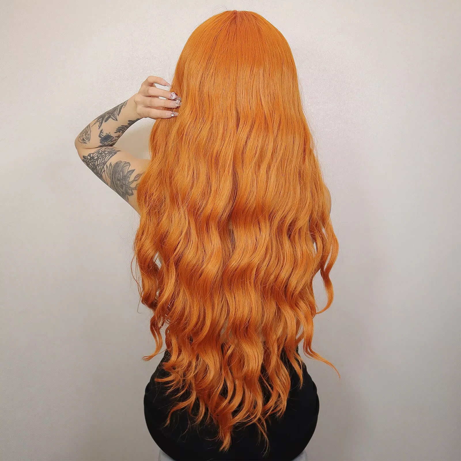 Perruque Synthétique Longue Ondulée Orange pour Femme, Cheveux Naturels Ondulés avec Longue Frange, 
