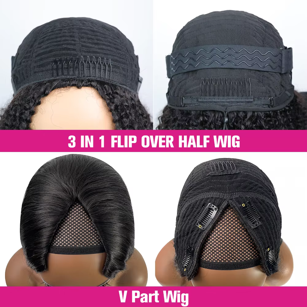 300 densité crépus bouclés V partie 100% perruque de cheveux humains profond Afro bouclés V partie p