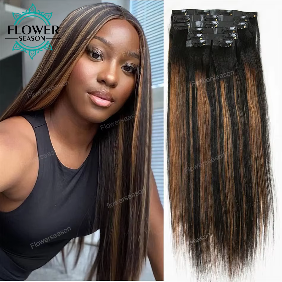 Extensions de cheveux naturels à clips, couleur ombrée, sans couture, trame cutanée, PU, 120 g/ensem
