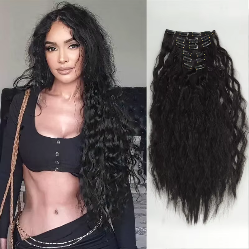 Extensions de cheveux longs bouclés naturels noirs de 24 pouces, 16 clips, ensemble de sept pièces p