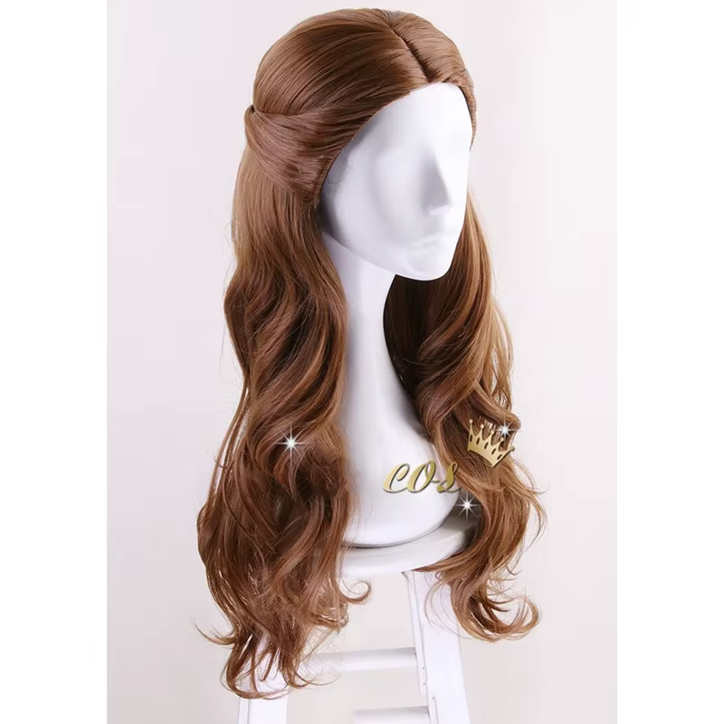 La Belle et la bête Cosplay perruque Belle princesse brun clair cheveux longs bouclés Anime perruque