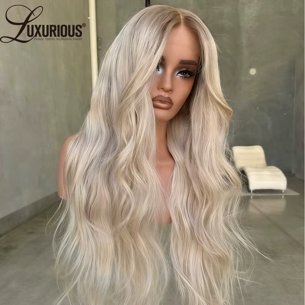 Perruque de salon en cheveux humains blond cendré à ondulations naturelles, densité 250%, Remy, pré-