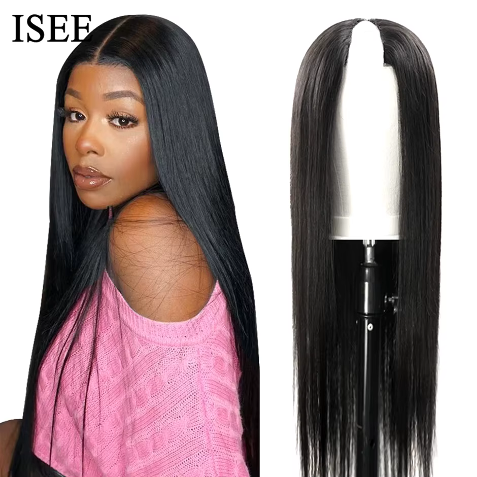 ISEE-Perruque brésilienne droite en V pour femme, perruques de cheveux humains, sans colle