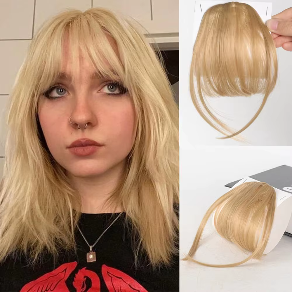 Extensions de cheveux synthétiques à clipser, franges fines transparentes avec pattes d'ange, postic