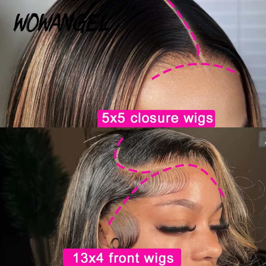 Wow Angel perruques Bob droites courtes 13x4 Lace Front perruques de cheveux humains 1B30 # Highligh
