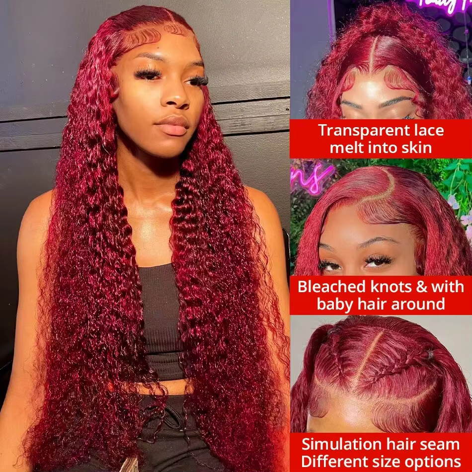 99J bordeaux 13x6 hd dentelle frontale perruque vague d'eau bouclés 13x4 rouge Remy cheveux humains 