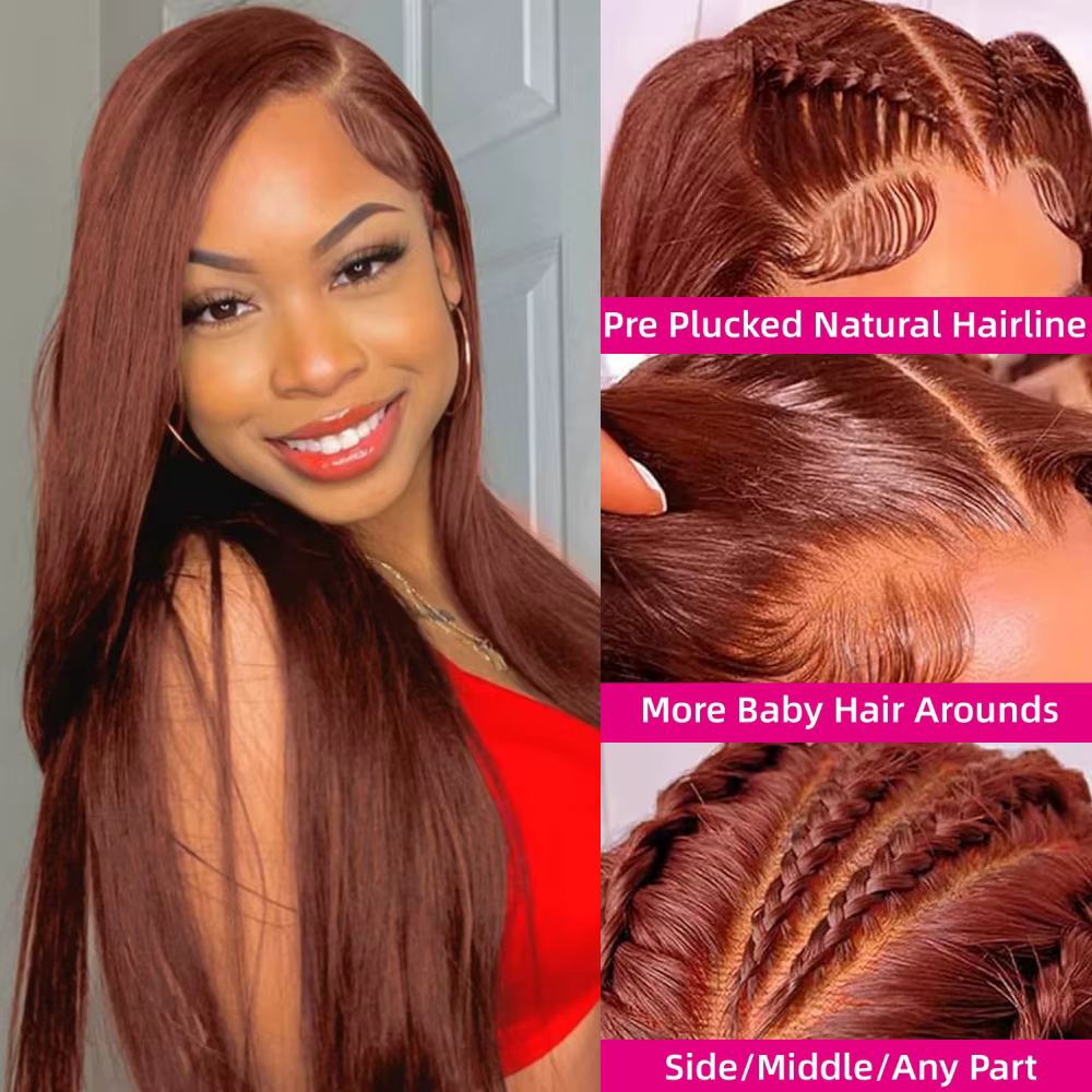 Perruque Lace Frontal Wig brésilienne naturelle, cheveux lisses, brun rougeâtre, 13x6 Hd, pre-plucke