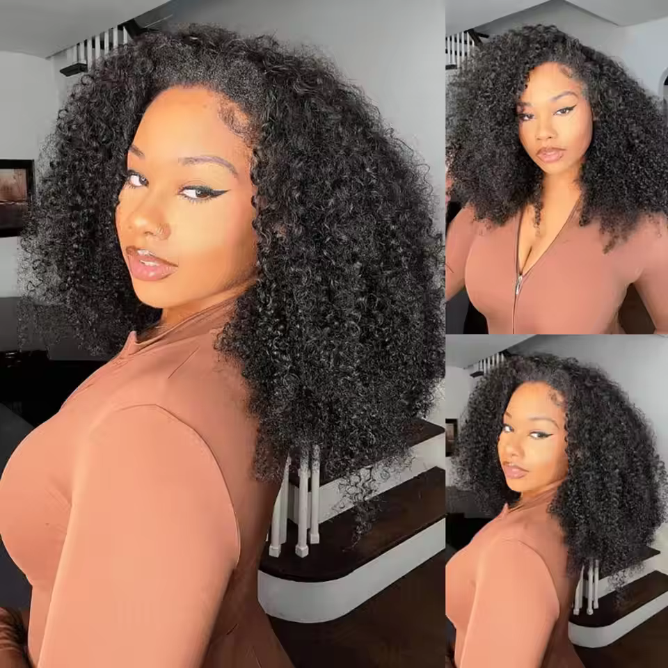 Demi-perruque 3-en-1 en cheveux humains bouclés crépus, densité 200, avec bandeau, améliorée, avec c