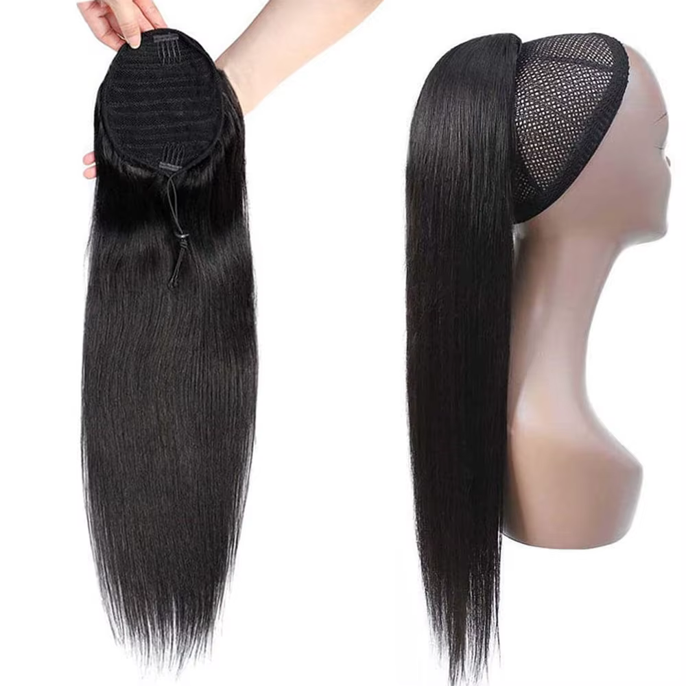 Queue de cheval à cordon en cheveux humains brun moyen # 4 extensions de cheveux lisses à clipser, 1
