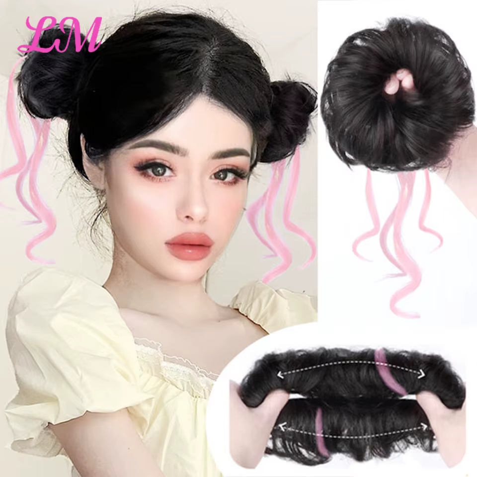 LM-Chignon synthétique désordonné pour femme, bande de cheveux bouclés, chouchou élastique, faux mor