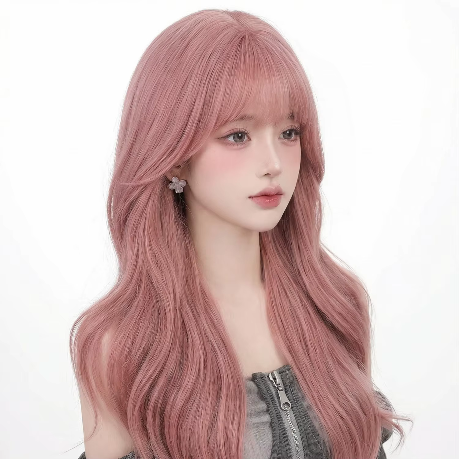 Perruque longue bouclée rose de 28 pouces, perruque synthétique pour femme, franges droites rose fon