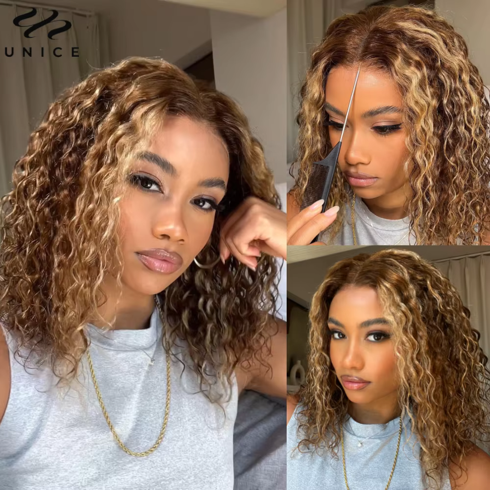 Perruque Bob UNICE Blonde Highlight Water Wave avec cordon de serrage Bye-Bye Slip 7x5 Lace Glueless